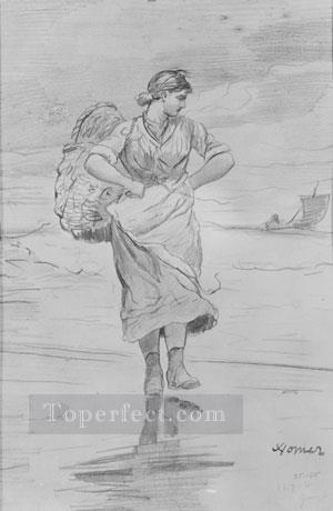 A Fisher Girl On Beach Realism painter Winslow Homer Oil Paintings